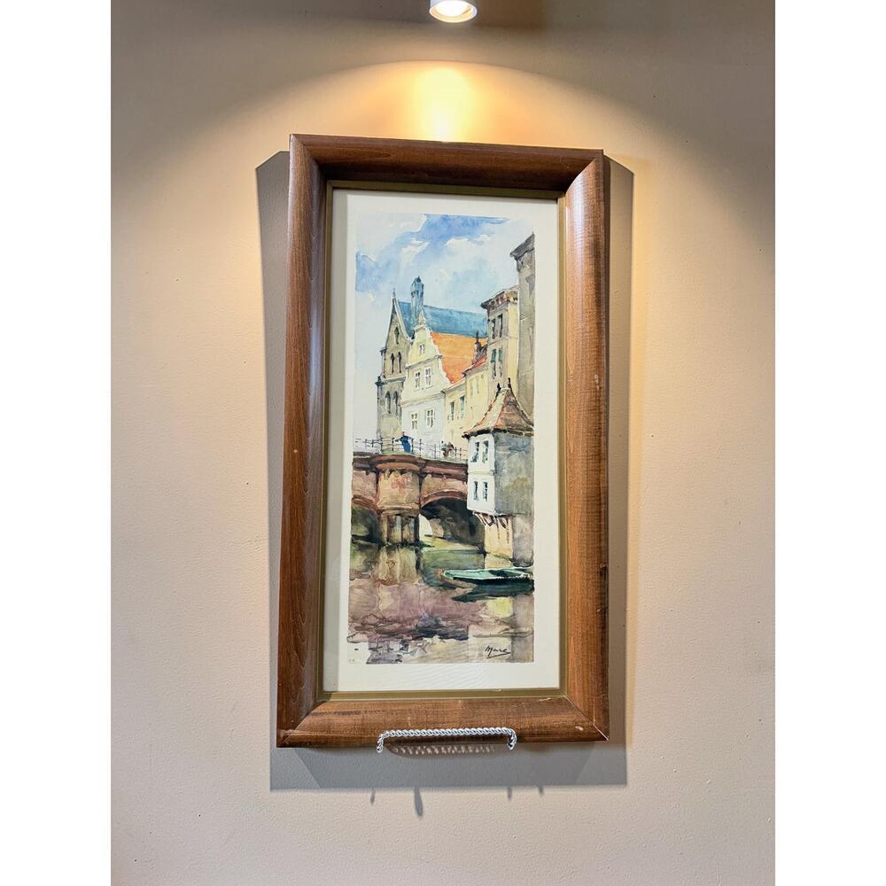 Vintage Fleck Bros Framed European Canal Scene Print Signed Marc 25x13.5